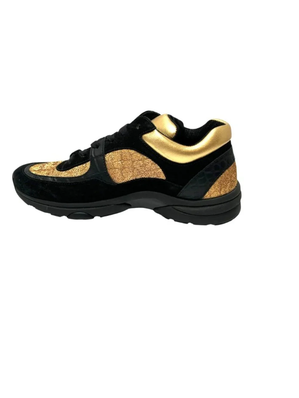 CHANEL Metallic Gold Fabric & Black Suede Leather Croc Embossed  CC Sneaker 8.5
